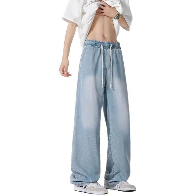 大格子与黑猫 夏季薄款男士痞帅休闲大码宽松阔腿直筒潮流长裤子牛仔裤 男女同款