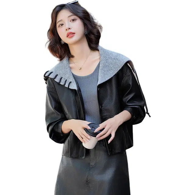 袋鼠 针织大翻领设计休闲简约时尚夹克皮衣外套 女款