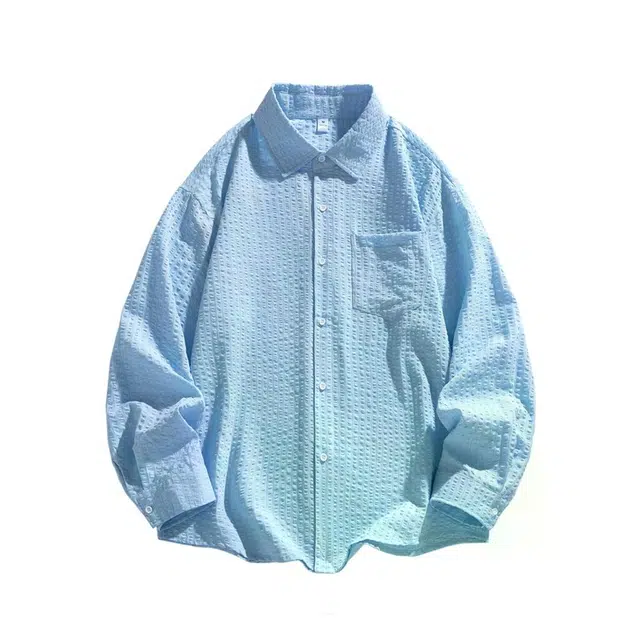 地界二 复古肌理感纯色泡泡纱长袖潮牌宽松百搭薄款衬衣衬衫 男款