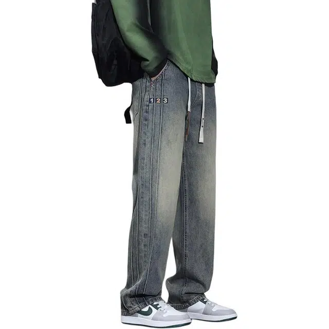 协协乐 美式复古做旧水洗春秋季潮牌工装高街设计小众款青少年宽松直筒阔腿拖地裤休闲长裤子牛仔裤 男款