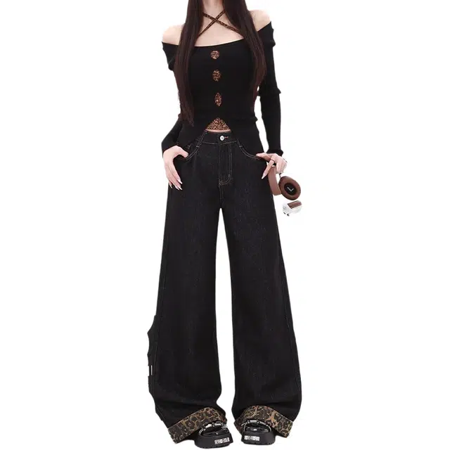 小卷要加油 女复古豹纹拼接卷边夏季慵懒松弛感高腰拖地阔腿弯刀裤裤子牛仔裤 女款