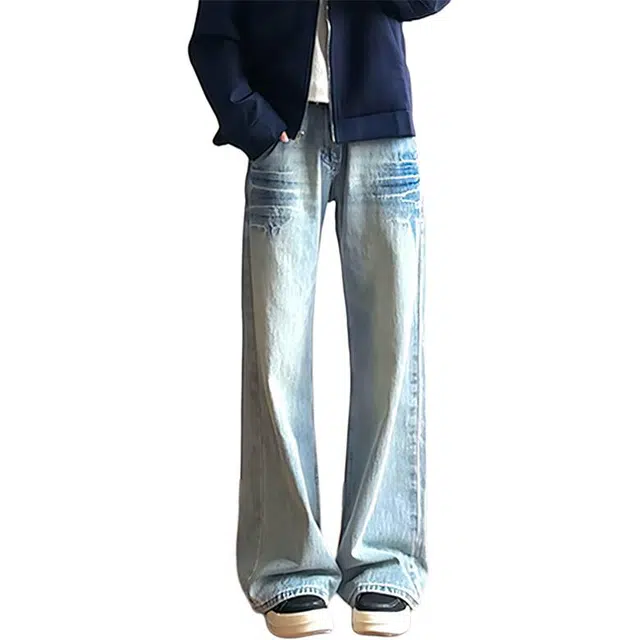 唐启 早秋薄款高裆裤子美式高街显腿长微喇工装裤闪电纹牛仔裤 男女同款