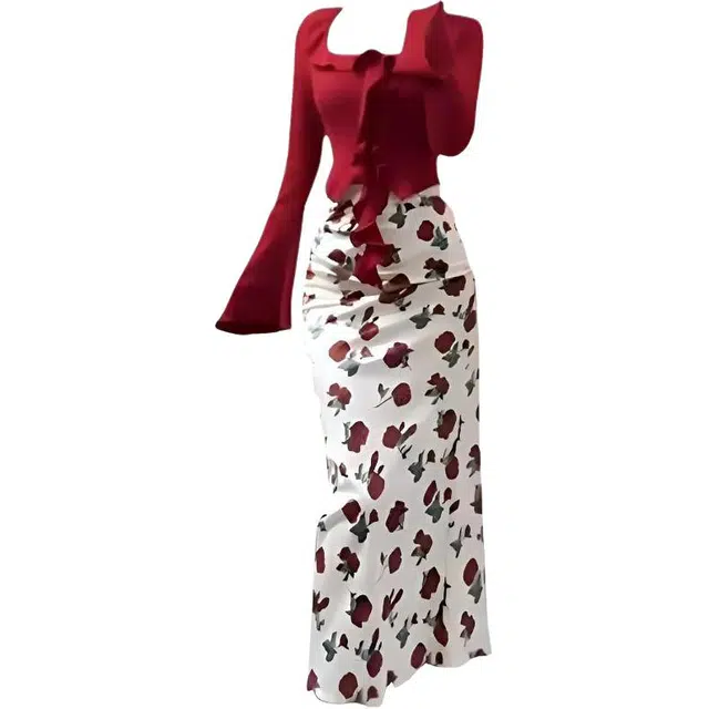 木清清 韩版御姐荷叶边修身上衣高腰性感印花裙裙装套装 女款