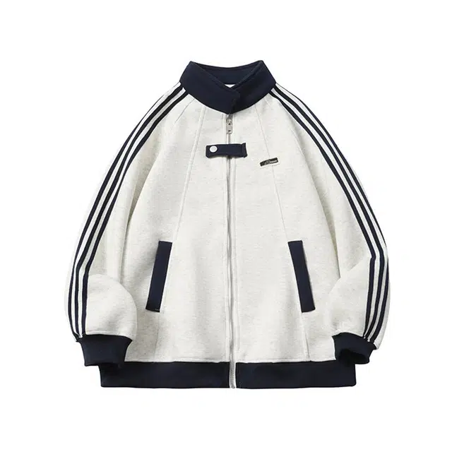 欧路得 美式撞色条纹开衫卫衣男女秋冬潮牌学院风棒球服宽松外套夹克 男款