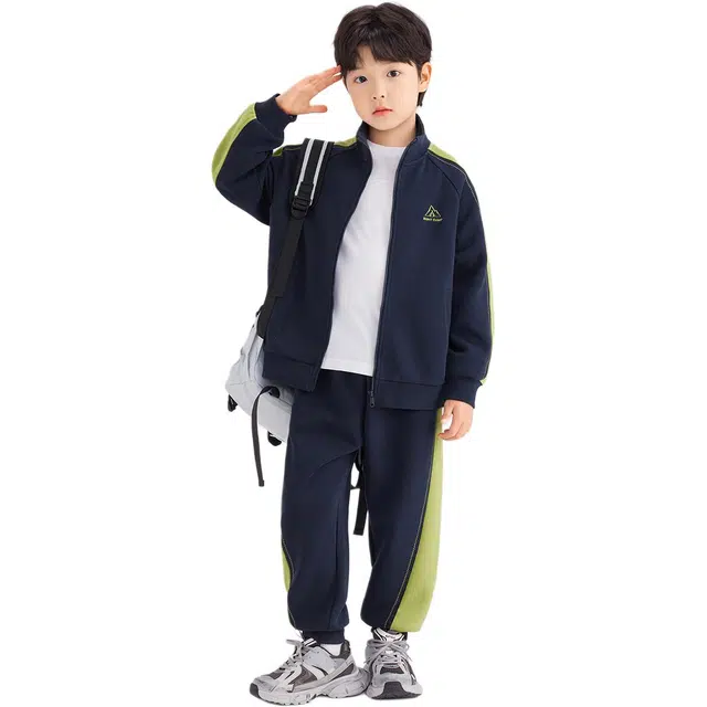 左西休闲运动套装 布丁系列 舒适立领拉链夹克亲肤时尚简约长裤 藏青色 中小童