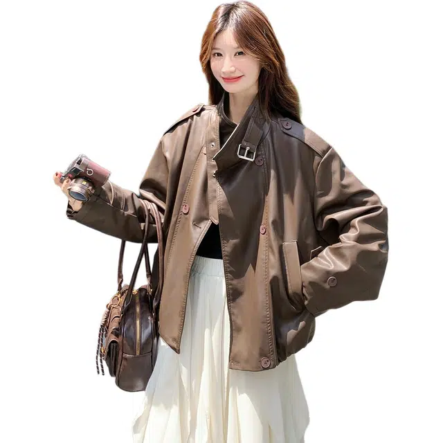 稻草人 休闲风时尚个性柔软舒适韩版机车风宽松外套皮衣 女款