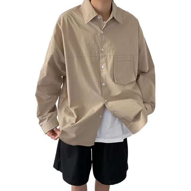 冈哉 日系复古美拉德焦糖色系工装立体袋纯色简约少年感口袋装饰长袖宽松叠穿潮搭垂感痞帅舒适打底内搭外穿春秋款衬衫 男女同款