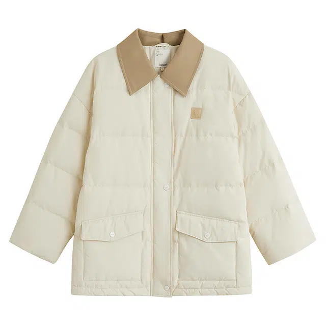 茵曼 复古撞色皮领巴恩风内搭外套羽绒服厚实不臃肿小个子宝藏显瘦冬季平价轻薄保暖时尚氛围羽绒服 女款