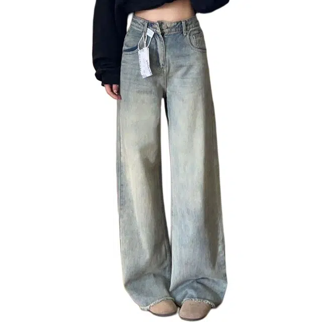么宁 美式做旧复古高腰直筒宽松显瘦毛边拖地阔腿裤子牛仔裤 女款