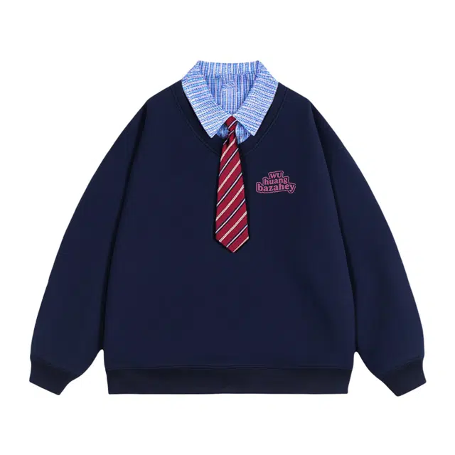 吾皇猫 美式复古假两件拼接撞色学院风简约百搭印花基础款圆领套头休闲宽松无性别穿搭长袖卫衣 男女同款