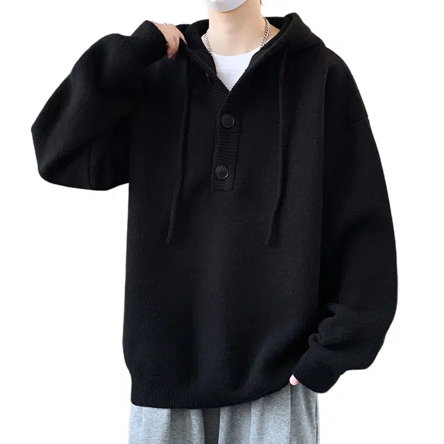 寻星记 潮牌纯色加厚保暖针织套头连帽卫衣 男女同款