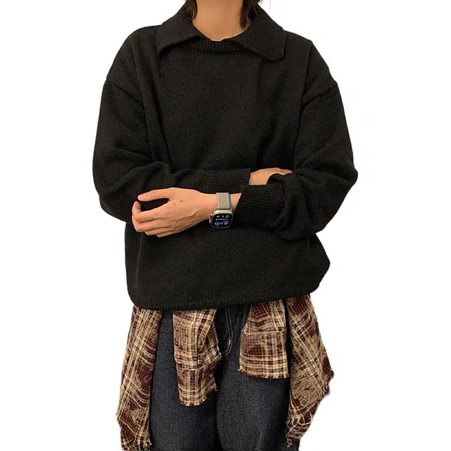 冈哉 复古韩系翻领休闲百搭柔软舒适针织衫 男女同款