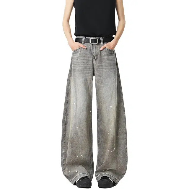 佐菲利 美式复古水洗做旧泼墨弯刀宽松潮牌高街阔腿裤子牛仔裤 男女同款