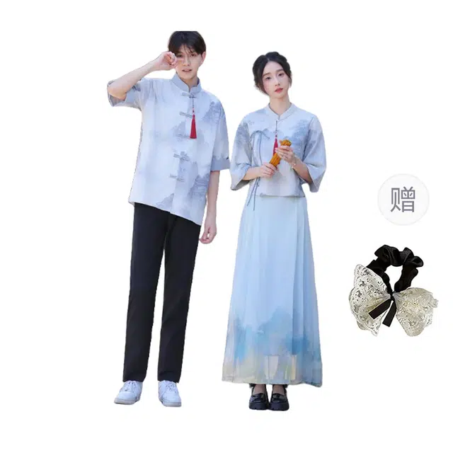 涂诗菲 新中式简约优雅高级气质遮肉两件套班服男女情侣套装