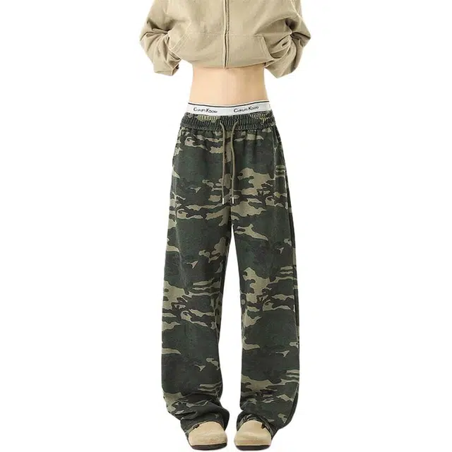 唐启 美式弯刀迷彩卫裤秋季高腰垂感阔腿裤子微喇直筒长裤休闲裤 男女同款