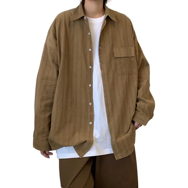 冈哉 日系复古细条纹灯芯绒少年感口袋装饰长袖宽松叠穿潮搭垂感痞帅舒适打底内搭外穿春秋款衬衫 男女同款