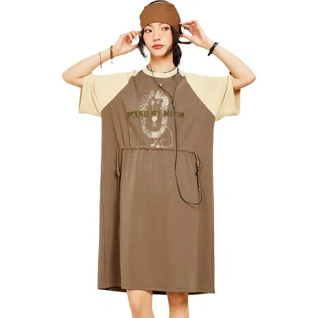 木果果木 休闲舒适百搭撞色中长短袖连衣裙 女款 茶棕