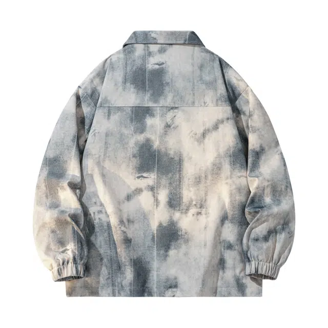 敦煌博物馆 日系工装大口袋复古扎染做旧字母万针刺绣宽松休闲舒适百搭防风翻领单排扣教练长袖工装夹克外套 男女同款