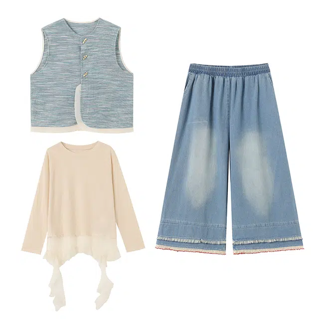 古莲菲 森系文艺女不规则蕾丝花边马甲牛仔裤三件套休闲套装 女款