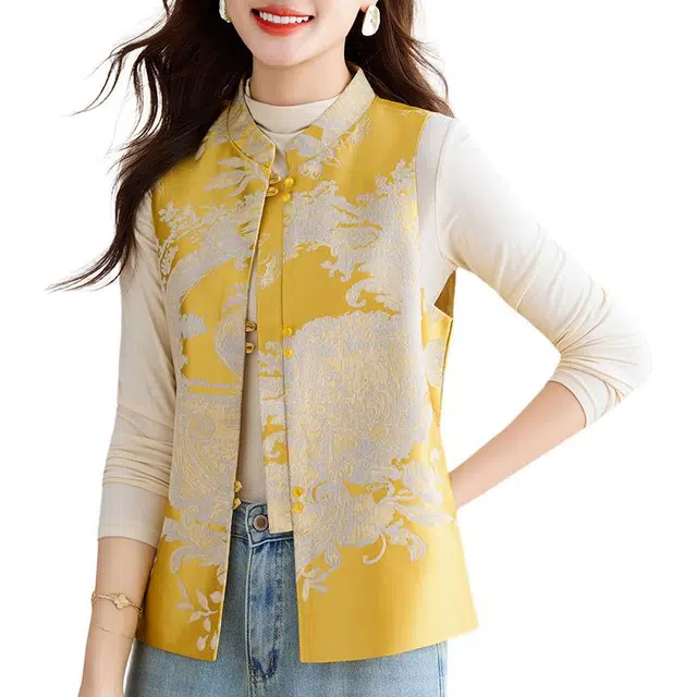 缪斯的诱惑 高级感新中式复古唐装民族风盘扣提花刺绣优雅气质舒适柔软开衫外套坎肩无袖背心马夹时尚潮流外搭叠穿简约百搭立领国风马甲 女款