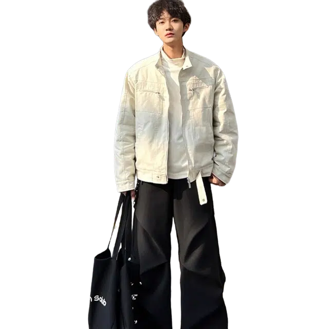 一碗士多 美式复古小众百搭纯色简约宽松日常通勤户外运动解构明线设计褶皱水洗帆布长袖夹克 男女同款