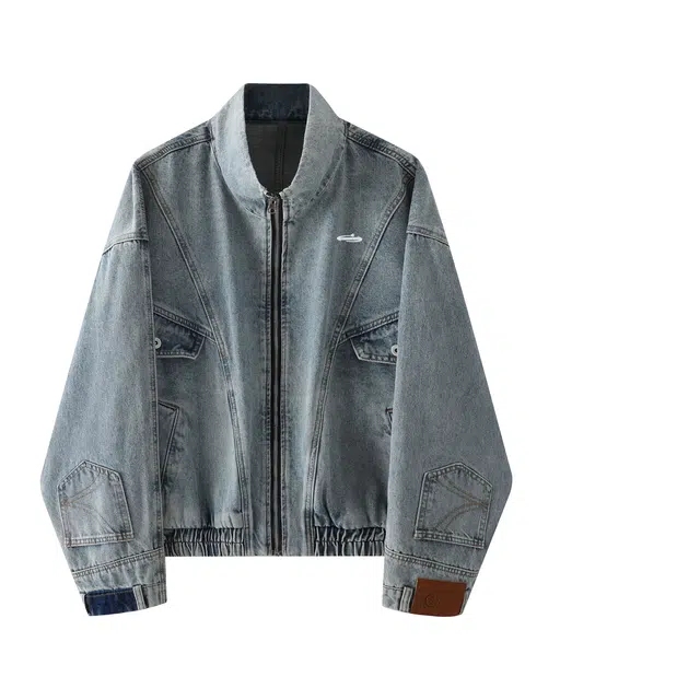 明尼凯 美式复古高街学院风解构倒装设计感夹克立领上衣时尚舒适百搭痞帅青春感高级感慵懒休闲宽松遮肉显瘦通勤牛仔外套 男女同款