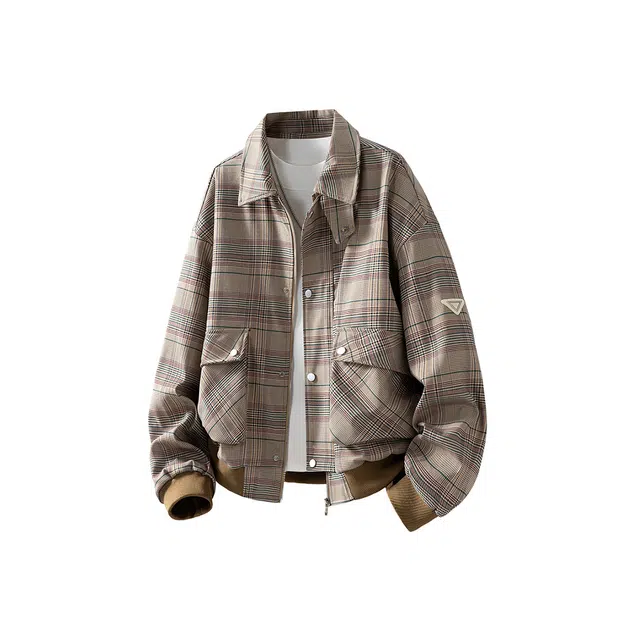 顶峰保罗 美式千鸟格翻领格子工装外套无性别主义直筒宽松加肥加大休闲小香风百搭大口袋衬衫上衣潮牌时尚高街长袖显高显瘦夹克 男女同款