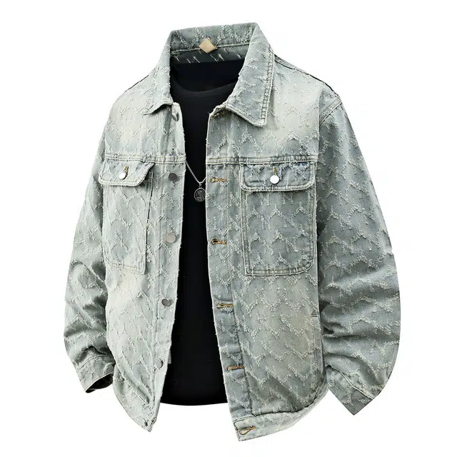 美式复古提花潮流秋季百搭翻领宽松水洗做旧休闲夹克牛仔外套 男款