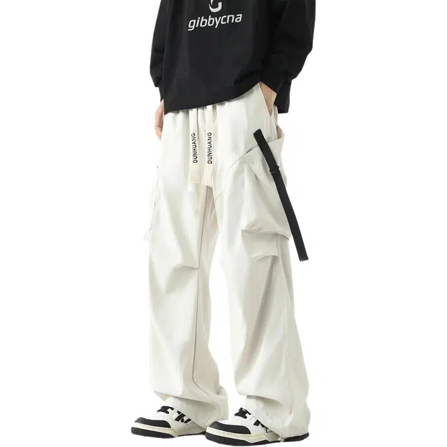 敦煌博物馆 美式复古机能大口袋褶皱户外出行嘻哈潮流纯色直筒垂感伞兵裤阔腿大码宽松百搭休闲工装裤 男女同款