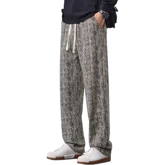 协协乐 痞帅黑白条斜纹潮牌春秋季宽松直筒阔腿拖地裤百搭青少年抽绳运动长裤休闲裤 男款