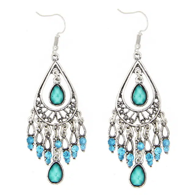 澜耀 欧美波西米亚民族风 时尚创意款复古雕花水滴宝石流苏耳饰 合金 耳环 女款