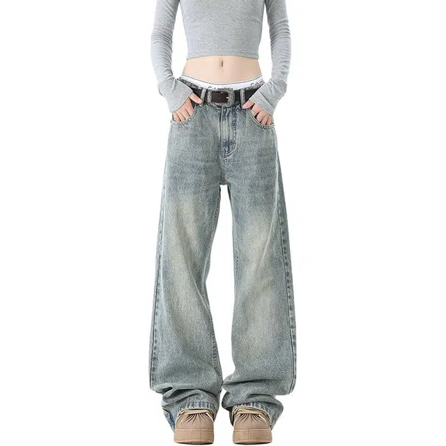 半空山 美式高街复古水洗做旧柔软舒适百搭宽松直筒亲肤透气高质感垂感潮流微微喇牛仔裤 男女同款