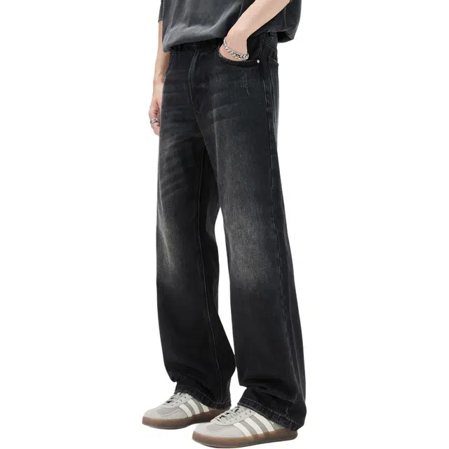 隐狼世家 水洗弯刀男秋季美式高街潮牌宽松直筒阔腿长裤子牛仔裤 男款