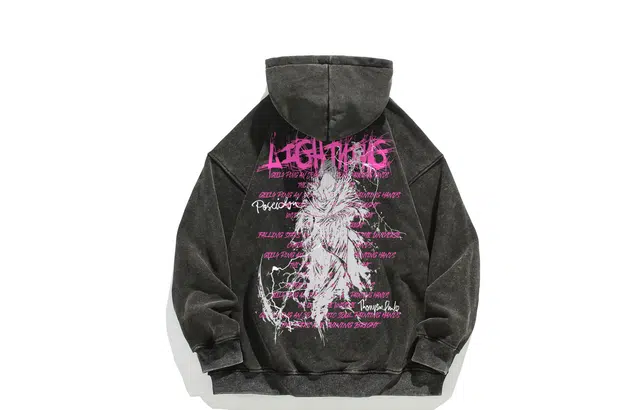 宜而爽 美式复古潮牌高街卡通创意漫画闪电死神图案字母印花宽松休闲运动日常通勤百搭落肩套头长袖上衣水洗做旧连帽卫衣 男女同款