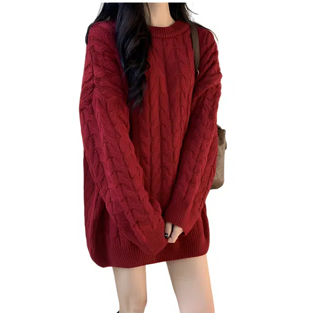 荟萃阁 复古宽松加厚麻花女圆领中长款针织衫 女款