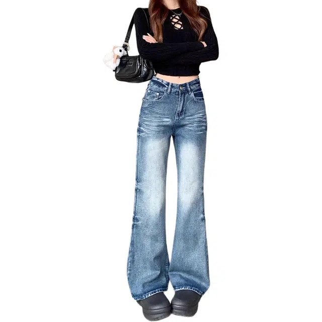 如续 美式复古水洗微喇叭低腰宽松直筒阔腿长裤子牛仔裤 女款