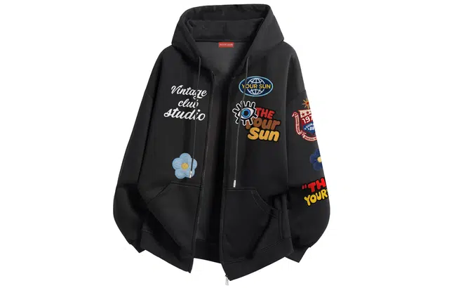 宜而爽 美式潮流街头创意袖标复古徽章仿贴布绣图案卡通字母印花宽松休闲百搭无性别主义简约日常通勤长袖开衫连帽卫衣 男女同款