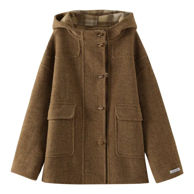 花栗鼠小姐 西雅图少女 减龄学院风连帽宽松翻边袖双面呢短款大衣 女款 乔木色