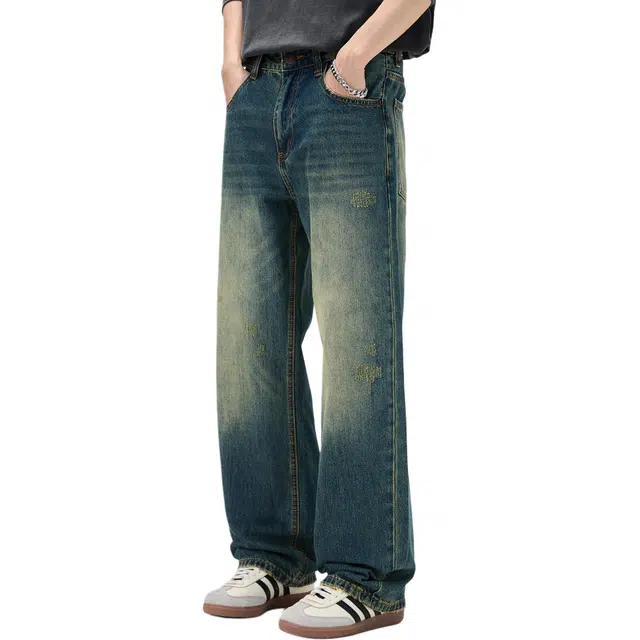 隐狼世家 版直筒男士宽松阔腿休闲青少年水洗做旧裤子牛仔裤 男款