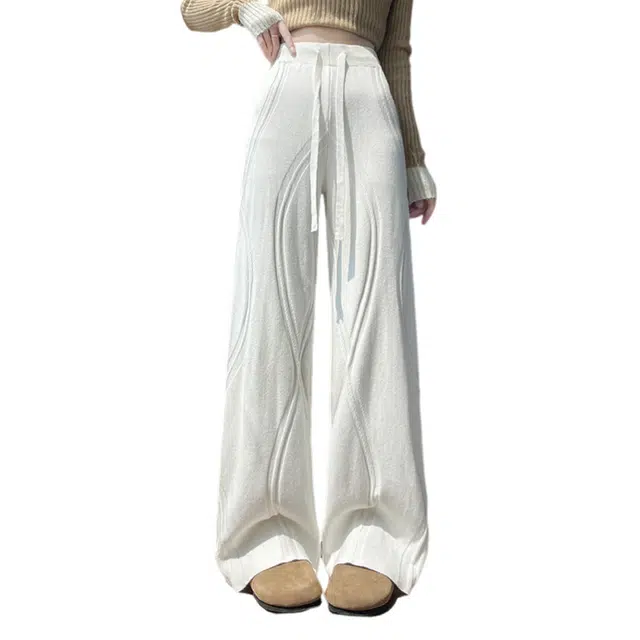 荟萃阁 设计感软糯针织阔腿裤高腰显瘦直筒长裤子休闲裤 女款