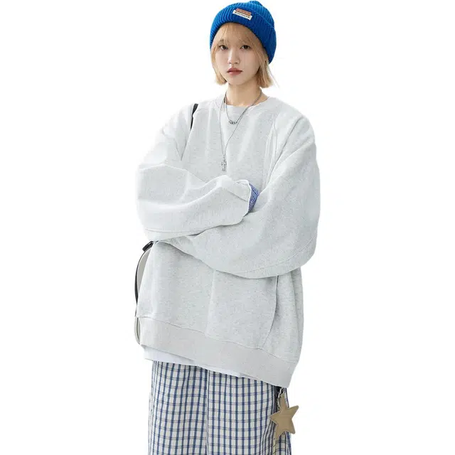 袋鼠 美式复古时尚设计感简约基础款通勤高品质含棉纯色领口拼接宽松上衣卫衣 男女同款