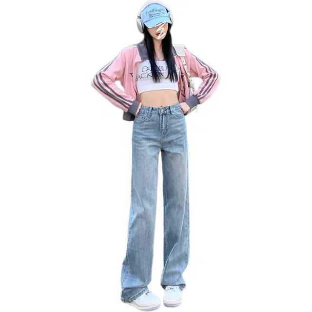 柏黛妃 浅色窄版直筒牛仔裤女春秋水洗宽松高腰显瘦垂感阔腿裤休闲裤 女款