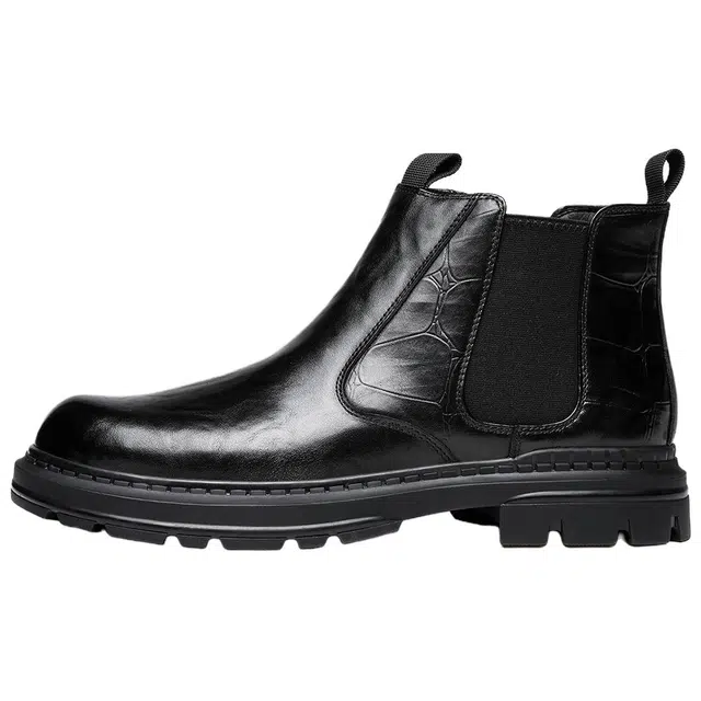法派 头层牛皮 加绒纯色圆头 及踝 切尔西靴 男款 黑色