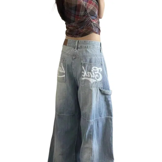 如续 美式高街印花设计感水洗阔腿工装裤休闲直筒长裤牛仔裤 女款
