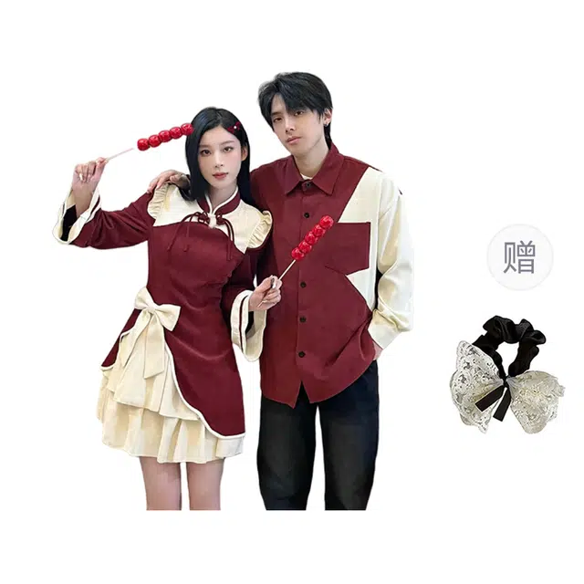 涂诗菲 新中式潮流设计感连衣裙气质百搭撞色长袖衬衫情侣套装