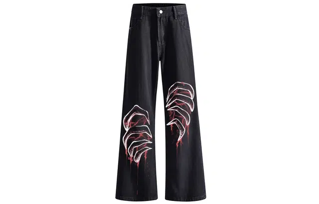 宜而爽 美式高街复古潮牌创意血爪图案印花水洗做旧废土风高级感中腰显高显瘦直筒休闲长裤通勤宽松垂感阔腿微喇弯刀牛仔裤 男女同款