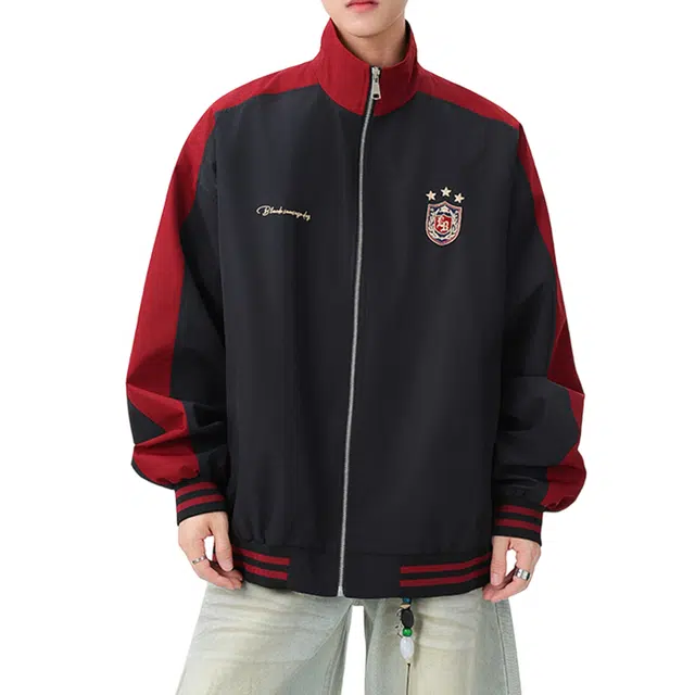 冈哉 美式高街撞色条纹拼接字母徽章个性印花上衣日常通勤百搭舒适保暖拉链开衫插肩长袖夹克外套 男女同款