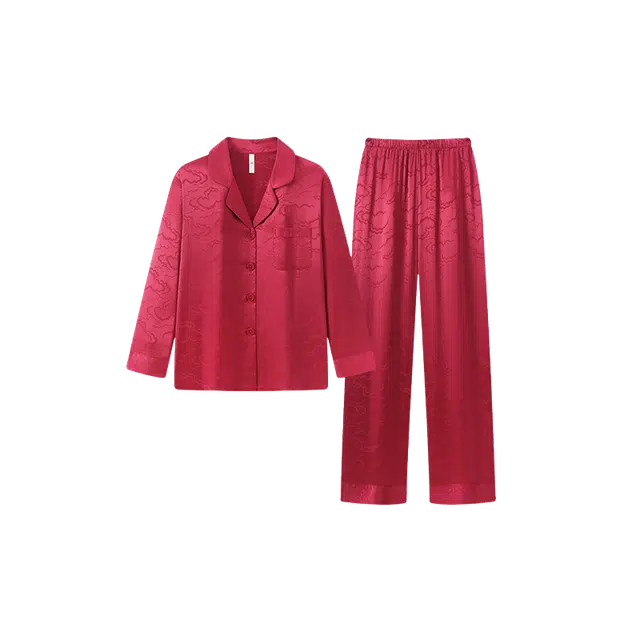 潞优野 高级感长袖冰丝轻奢休闲舒适暗纹新婚家精致居服男春秋款睡衣套装 女款