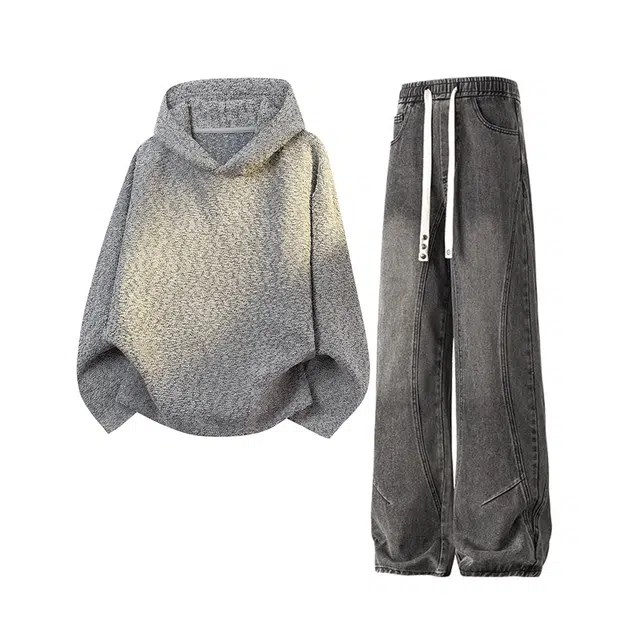 素杭 小香风肌理感连帽卫衣宽松帽衫外套美式高街复古解构拼接松紧腰阔腿牛仔裤两件套潮牌一整套搭配休闲运动套装 男女同款