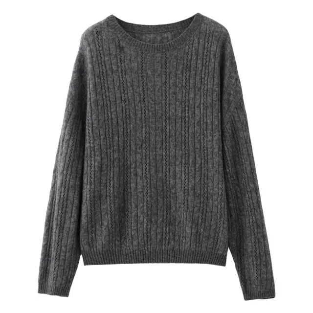 花栗鼠小姐 小众绞花坑条肌理感镂空上衣纯色简约日常通勤约会百搭宽松休闲慵懒风舒适软糯亲肤保暖打底套头圆领长袖针织衫 女款